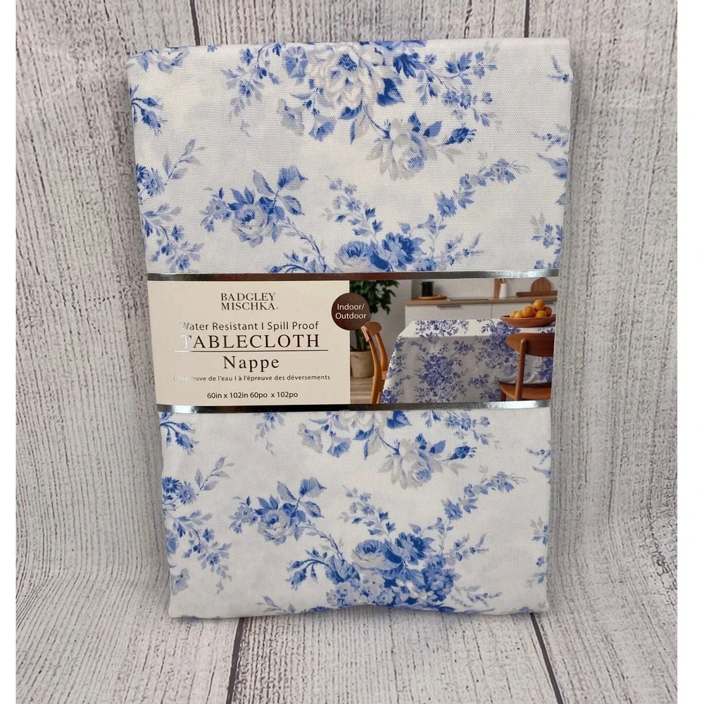 Badgley Mischka Tablecloth 60x102 Blue White Floral Toile Spill Proof Oblong